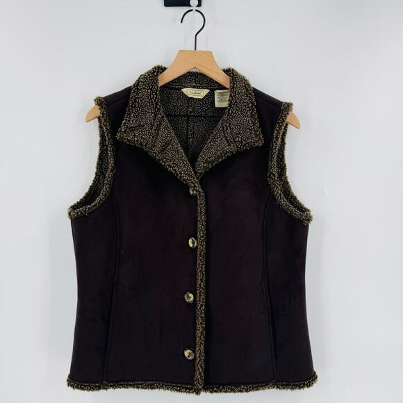 Vintage L.L. Bean Brown Faux Suede Sherpa Lined Vest Button Front Size M Cozy - Picture 1 of 8